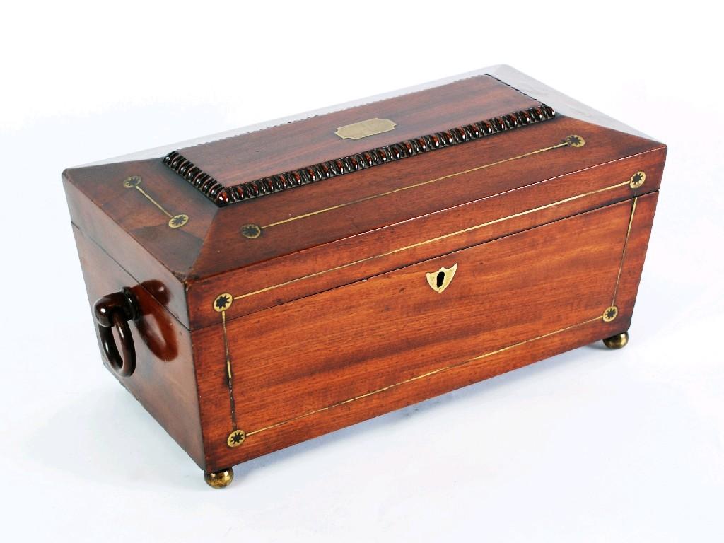 Appraisal: REGENCY MAHOGANY AND BRASS LINE INLAID TEA CADDY sarcophagus form