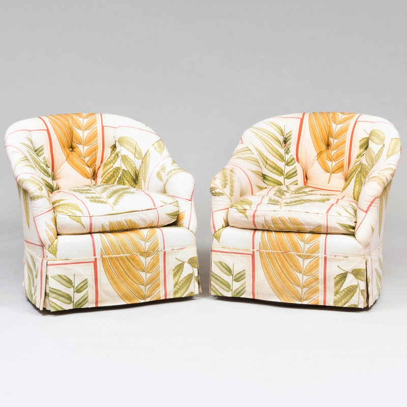 Appraisal: PAIR OF COTTON UPHOLSTERED SWIVEL TUB CHAIRS x x in