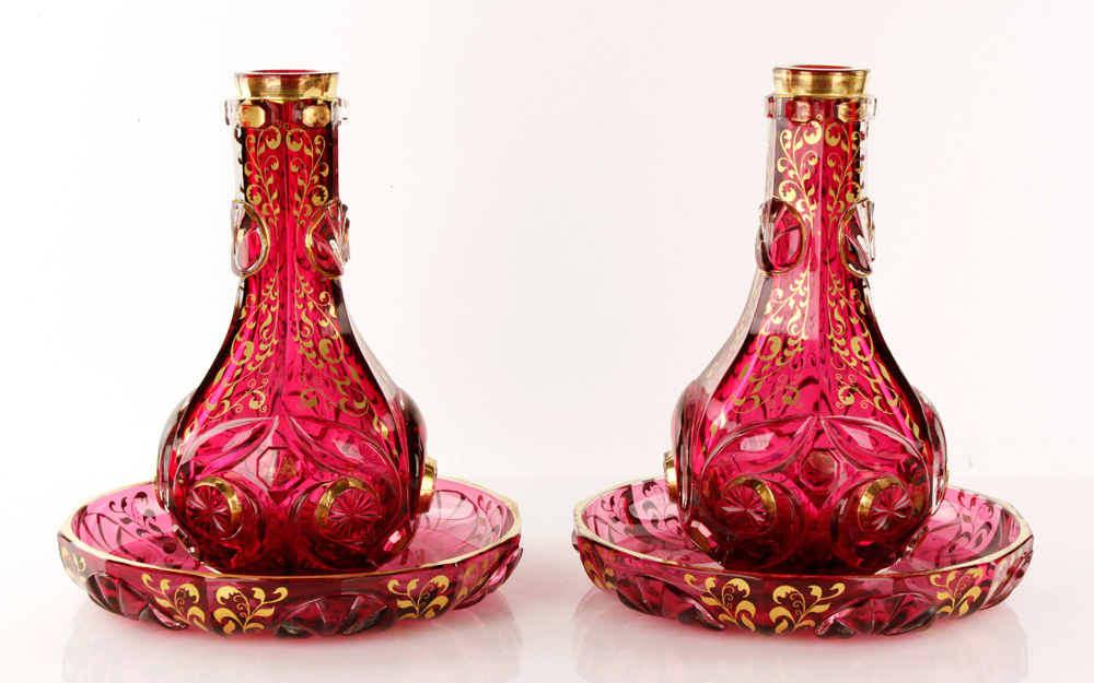 Appraisal: - th C Pair Cranberry Bohemian Glass Carafes th century