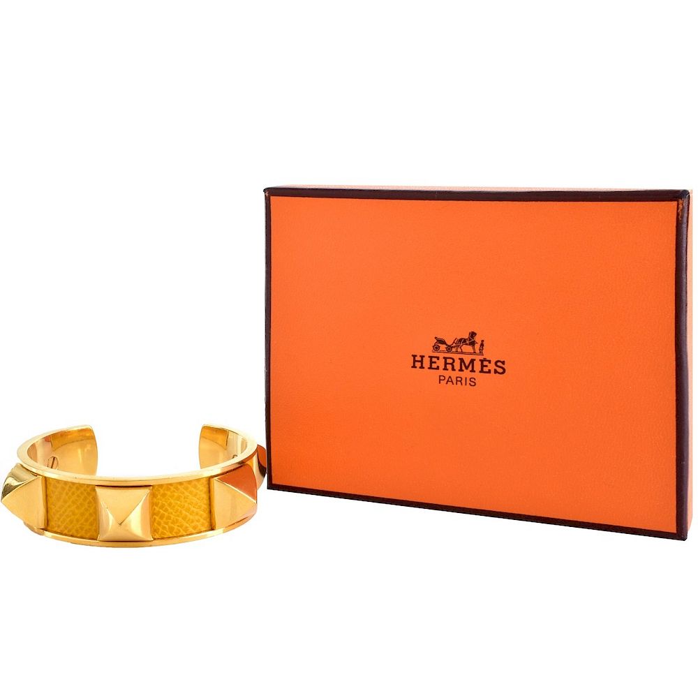 Appraisal: Hermes Gold Plated and Leather Cuff Bracelet Hermes Gold Plated