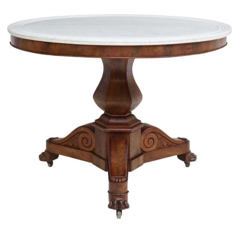 Appraisal: French Empire mahogany pedestal table th c dished marble top