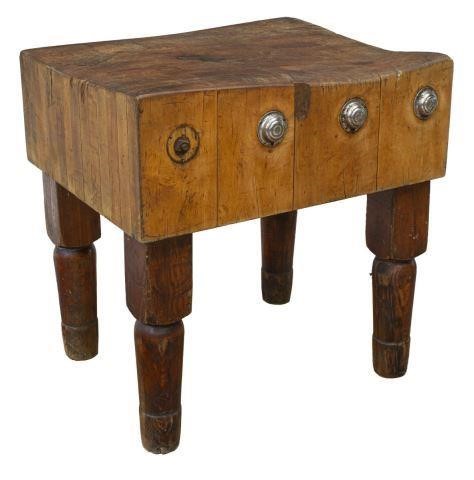 Appraisal: Butcher block table with well-used top decorative concave roundels at