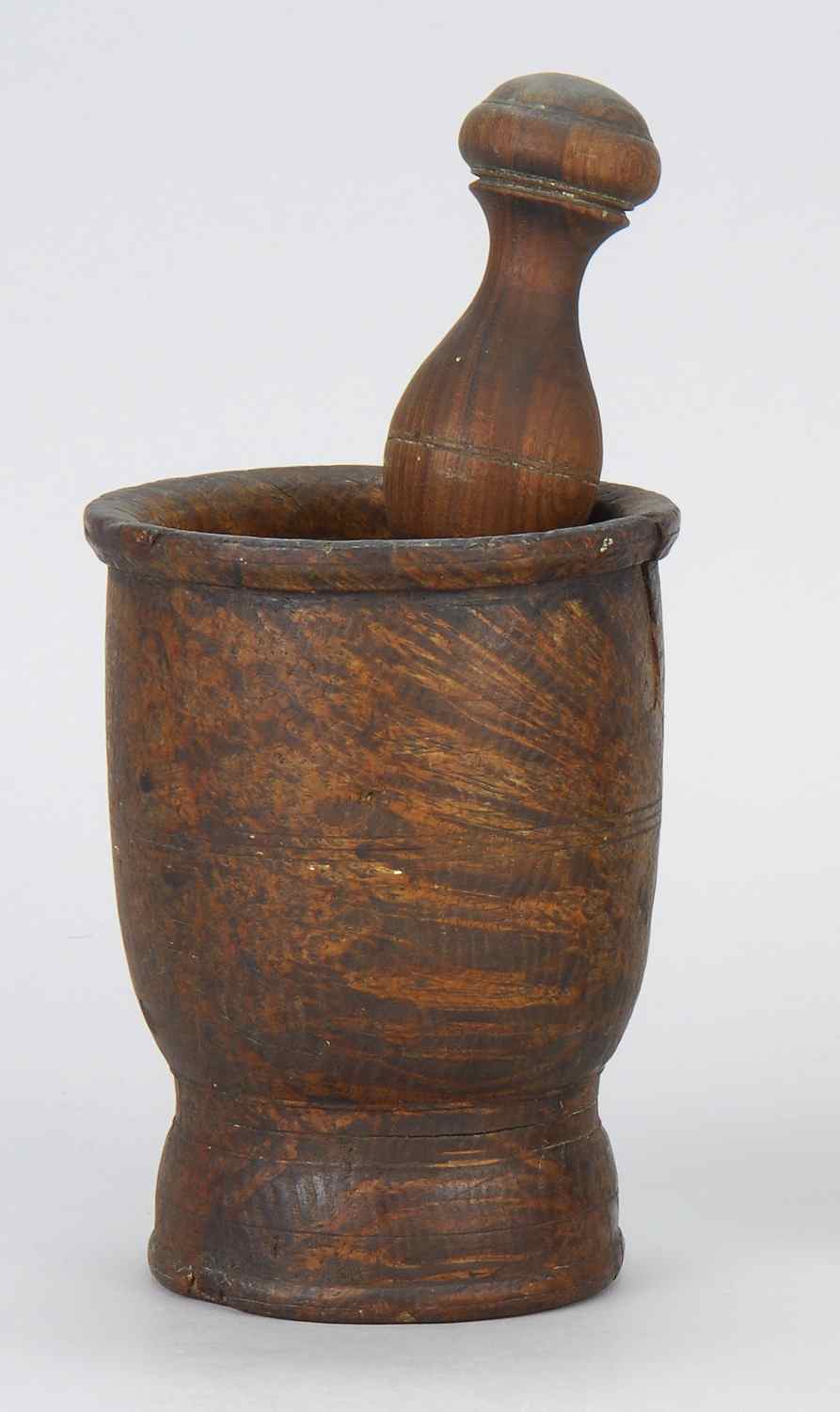 Appraisal: TURNED BURLWOOD MORTAR WITH LIGNUM VITAE PESTLEEarly th CenturyHeight of