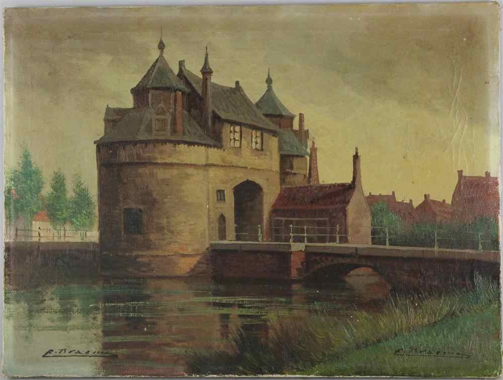 Appraisal: F BRAEU CASTLE ON WATER Oil on canvas x in