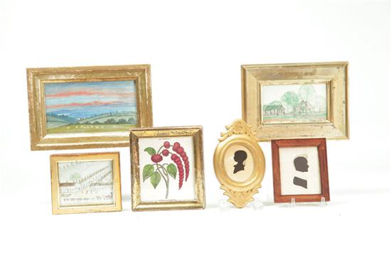 Appraisal: THREE SMALL PICTURES A PRINT AND TWO SILHOUETTES English watercolor