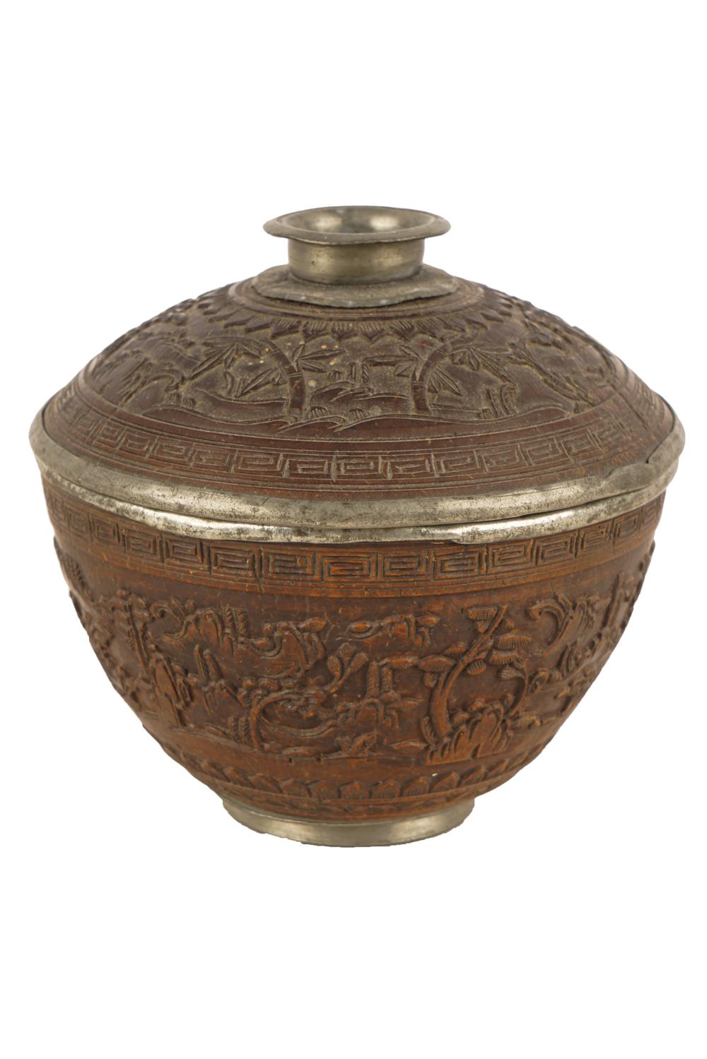 Appraisal: CHINESE CARVED COCONUT COVERED BOWLCondition with wear to metal commensurate