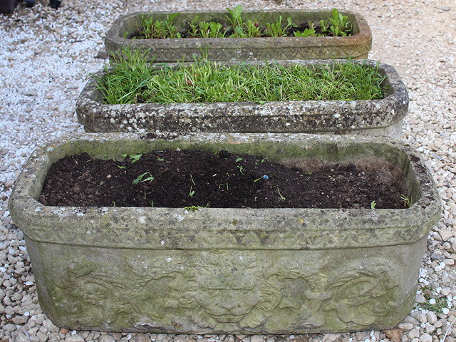 Appraisal: THREE RECTANGULAR CONCRETE PLANTERS with mask decoration cm wide x