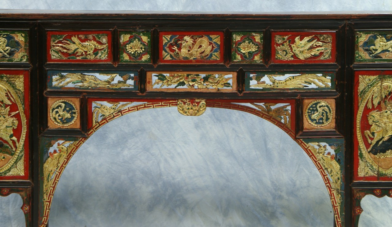 Appraisal: Carved and painted Asian mantle cupboard door and drawer in