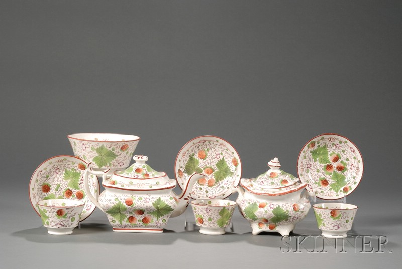 Appraisal: Nine Pearlware Pottery Strawberry Pattern Table Items England c a