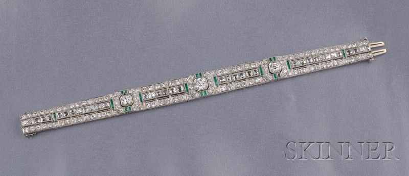 Appraisal: Art Deco Platinum Diamond and Emerald Bracelet the slightly tapering