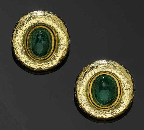 Appraisal: GOLD AND EMERALD CLIP EARRINGS Yellow gold Casual elegant very