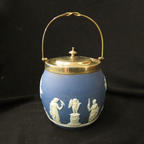 Appraisal: Wedgwood Blue Jasperware Biscuit Jar classical scene with maidens in