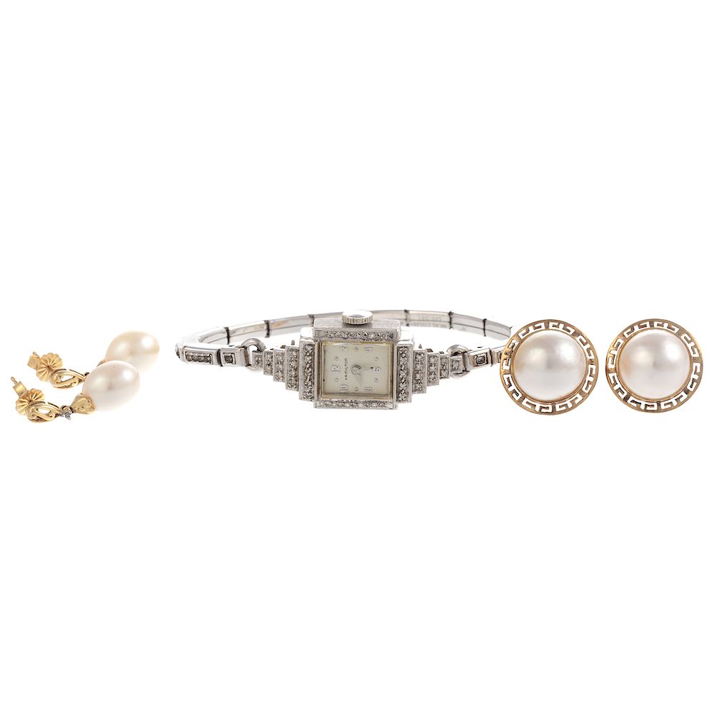 Appraisal: A Diamond Hamilton Watch in K Pearl Earrings K white