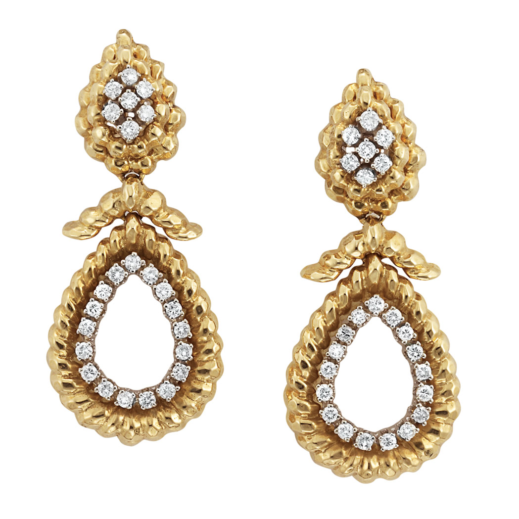 Appraisal: Pair of Gold and Diamond Pendant-Earclips diamonds ap cts ap