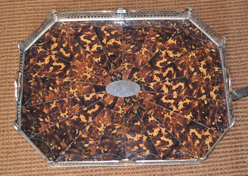 Appraisal: A GALLERY EDGED SILVER PLATE FAUX TORTOISESHELL TRAY canted rectangular