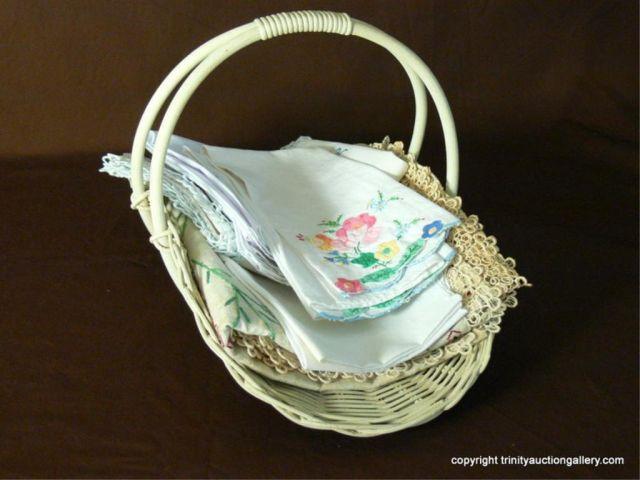 Appraisal: Basket Vintage Needlework Scarves Napkins More - Nice handwork -