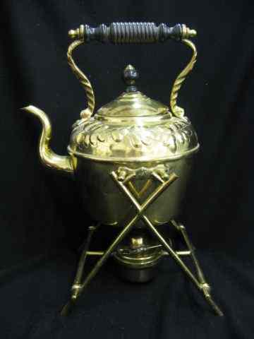 Appraisal: Victorian Brass Kettle on Stand acorn and oak leaf decor