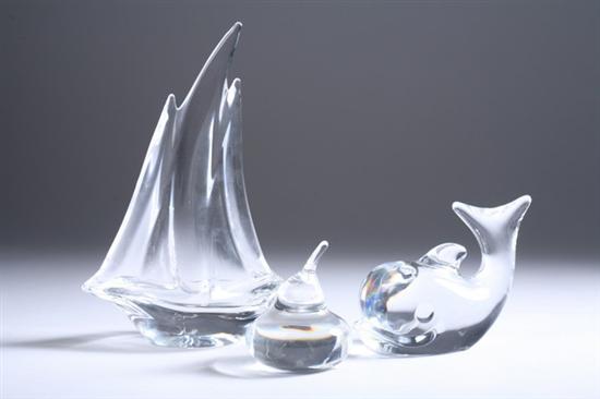 Appraisal: THREE PIECES COLORLESS ART GLASS Daum glass sailboat and whale