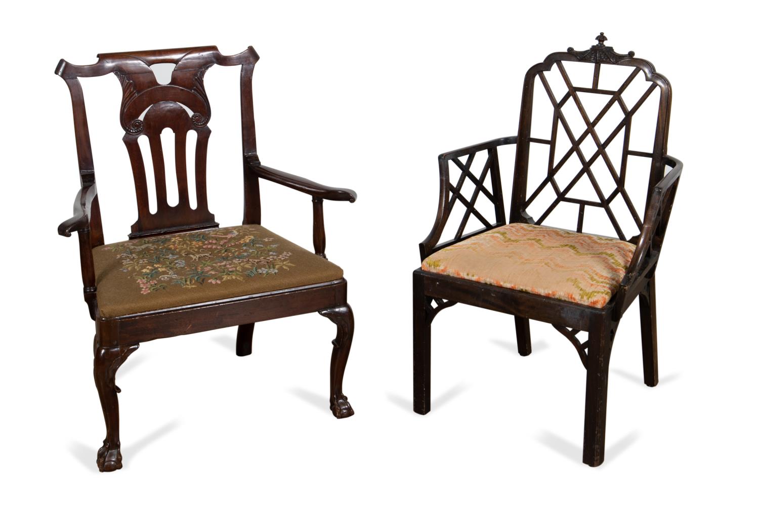 Appraisal: TWO ENGLISH GEORGIAN STYLE ARMCHAIRS Two English carved wood armchairs