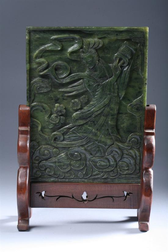 Appraisal: CHINESE SPINACH JADE TABLE SCREEN th century Carved to depict