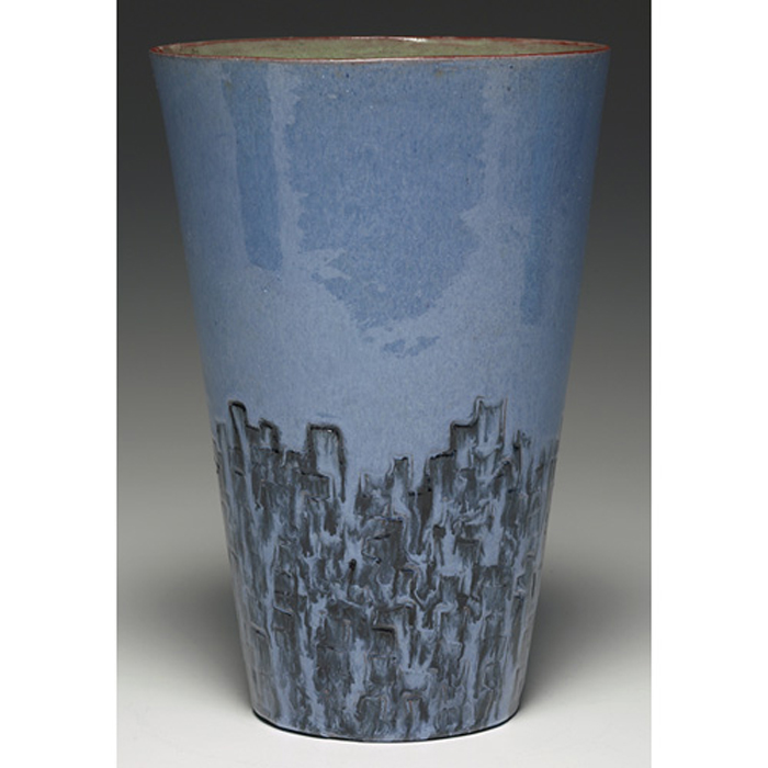 Appraisal: Lawrence Blazey vase flaring form in blue with a carved