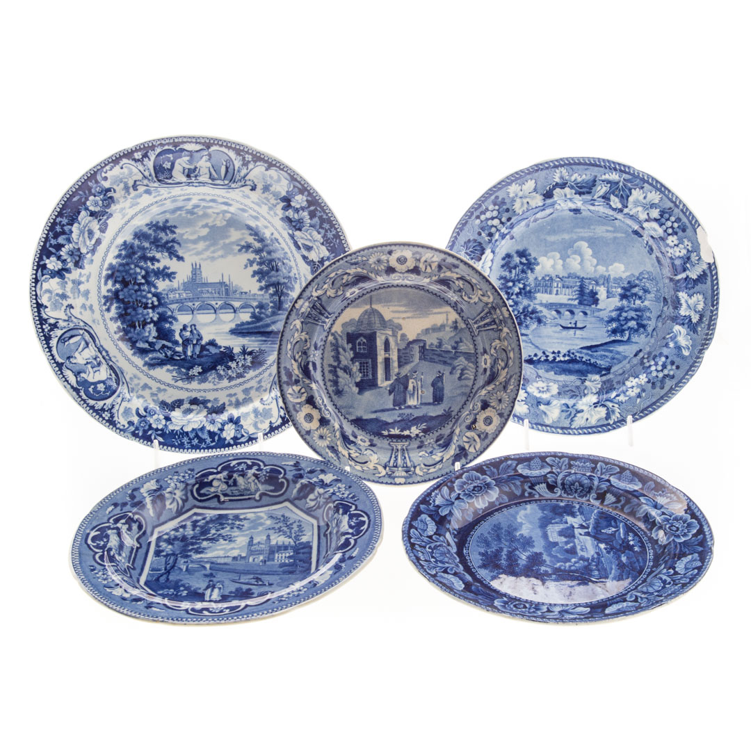 Appraisal: Five Staffordshire blue transferware articles circa including Enoch Woods Compton