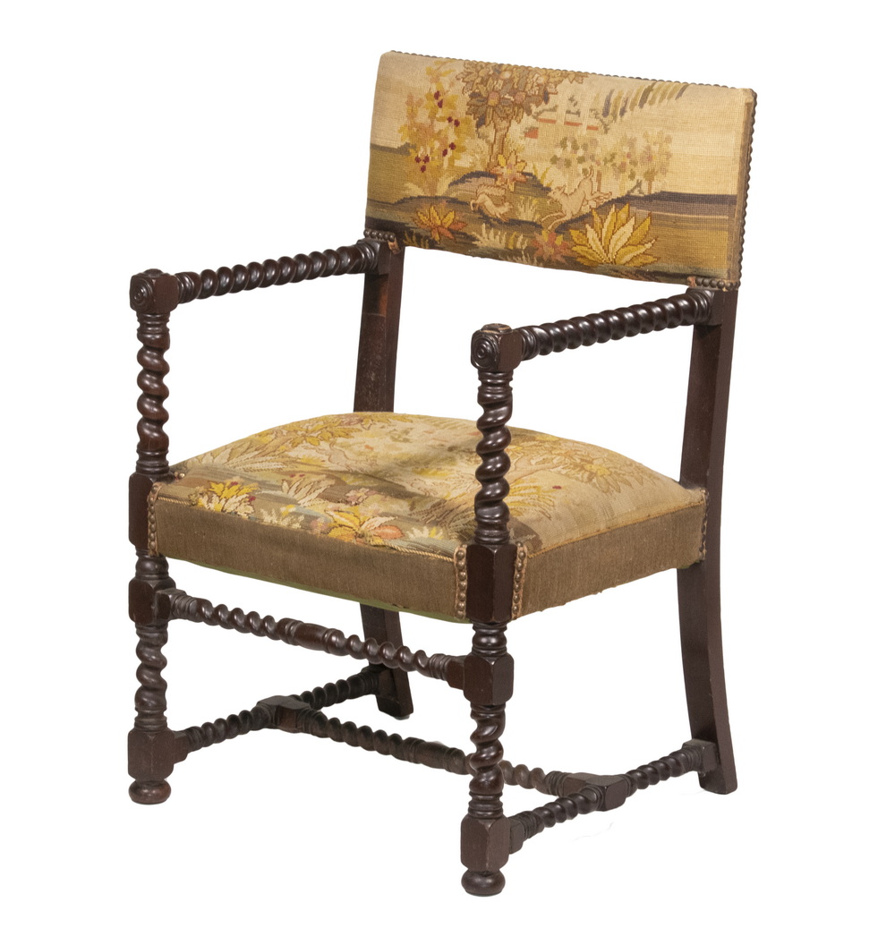 Appraisal: CUSTOM TUDOR STYLE ARMCHAIR IN NEEDLEPOINT Circa s British Armchair