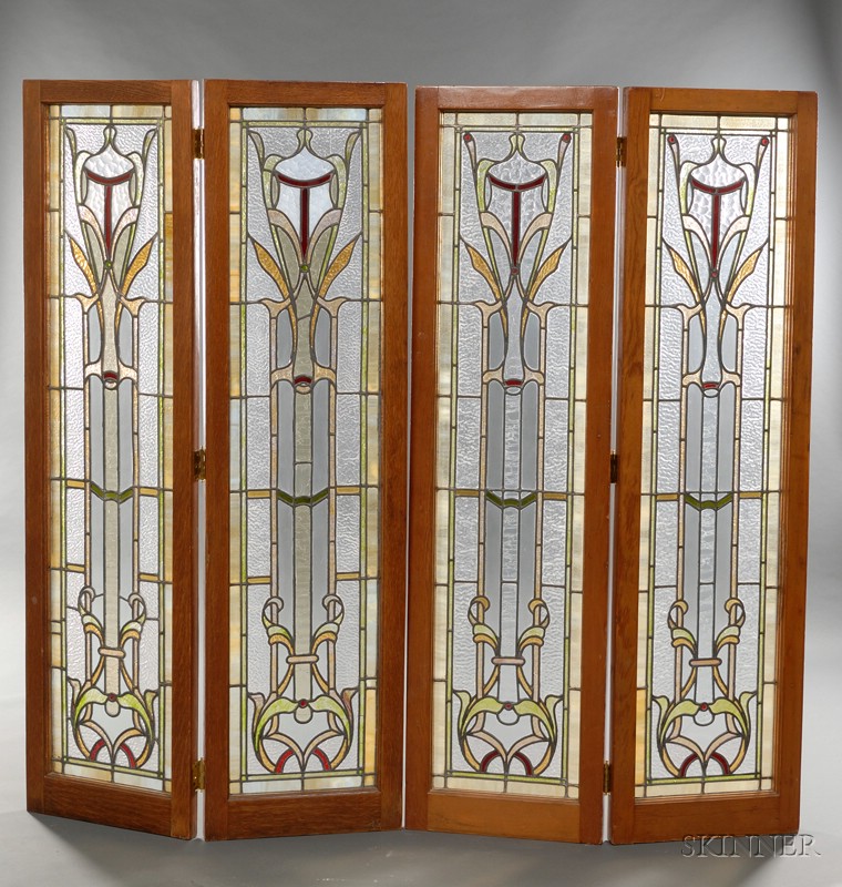 Appraisal: Four Panel Mosaic Glass Screen Mosaic glass metal and oak