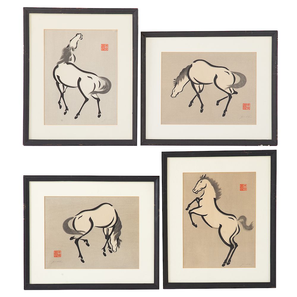 Appraisal: Yoshijiro Urushibara Four horse color woodblocks Japanese - Each print