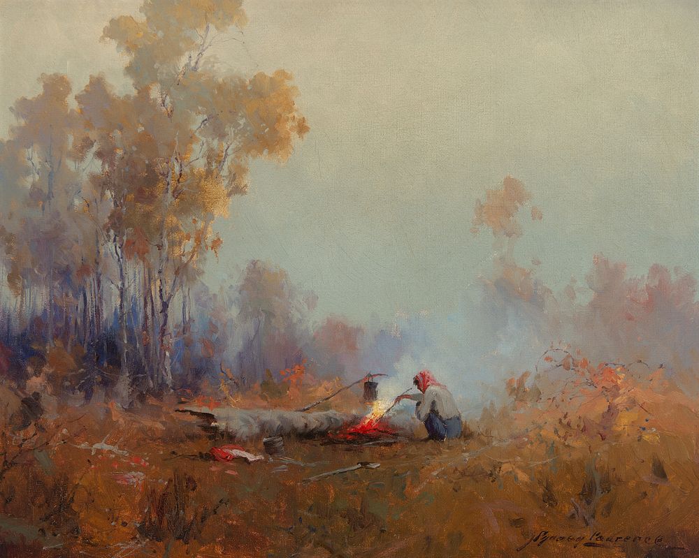 Appraisal: Sydney Laurence - Tending the Fire Sydney Laurence - Tending