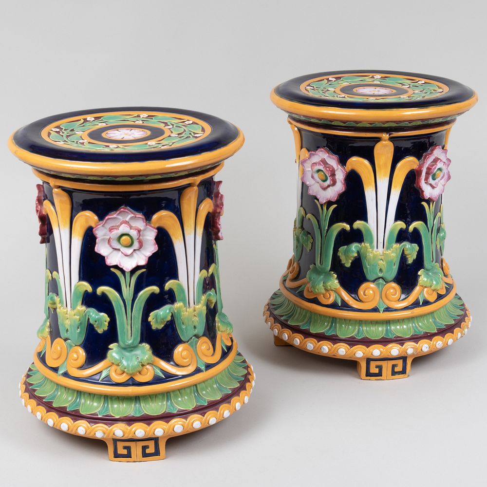 Appraisal: Pair of Mintons Cobalt Ground Majolica Garden Seats Impressed marks