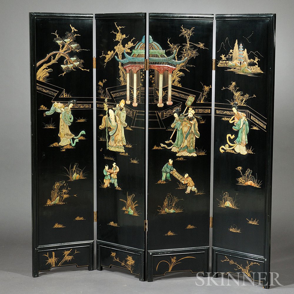 Appraisal: Four-panel Lacquer Floor Screen China decorated with a Daoist garden