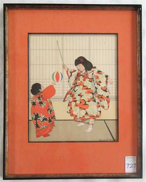 Appraisal: ELIZABETH KEITH WOODCUT Scotland Japan - Siblings in traditional Japanese