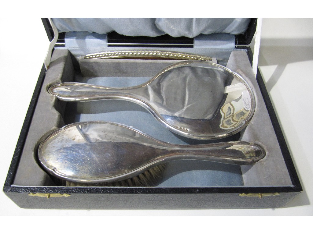 Appraisal: Cased three piece silver dressing table set Birmingham