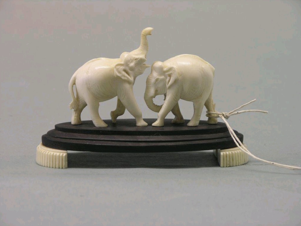 Appraisal: An Indian ivory carving two elephants on oval ebony plinth