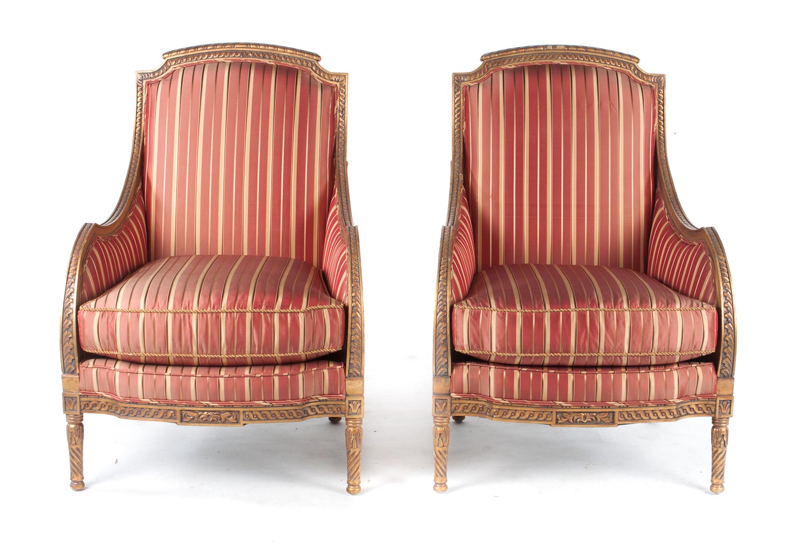 Appraisal: Pair of Louis XVI style giltwood bergeres th century Lewis