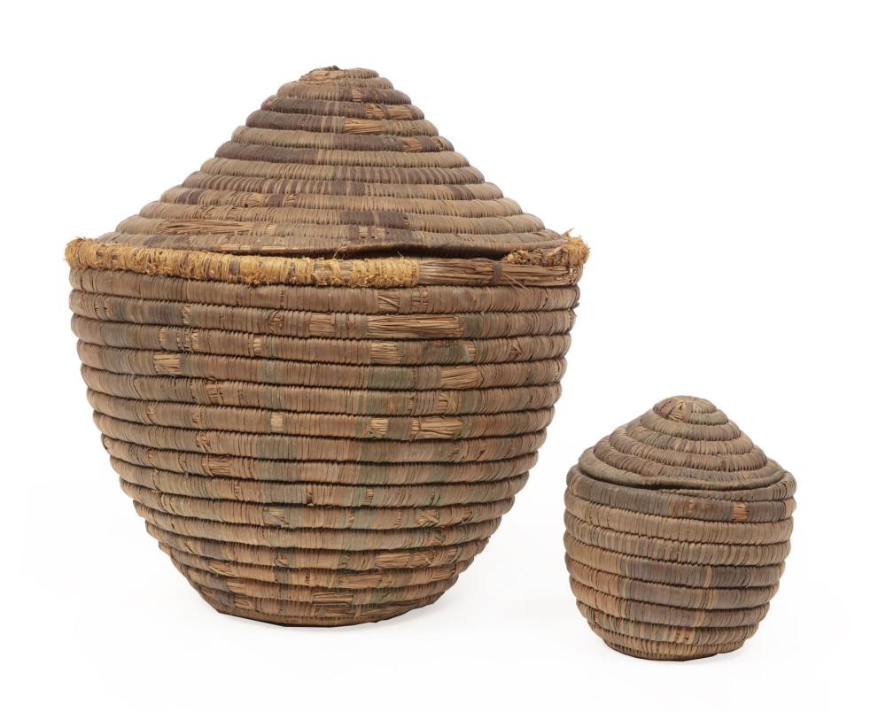 Appraisal: Two Sudanese or North African Covered Baskets smaller h in