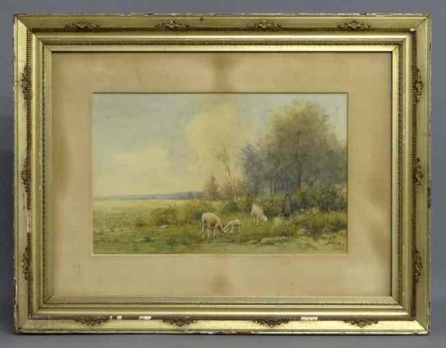 Appraisal: Early watercolor sheep and shepherd signed illegibly '' Brown'' Site