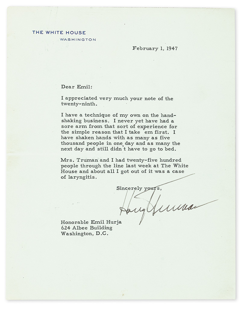 Appraisal: SHARES HIS HAND-SHAKING TECHNIQUE TRUMAN HARRY S Typed Letter Signed