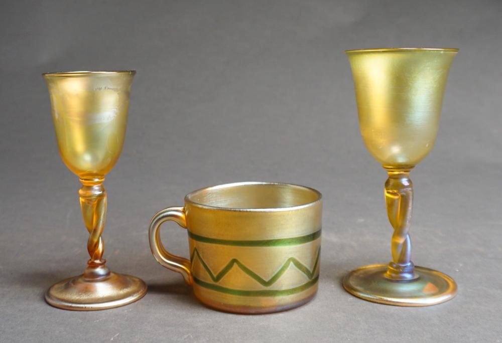 Appraisal: L C Tiffany Favrile Glass Handled Cup and Two L