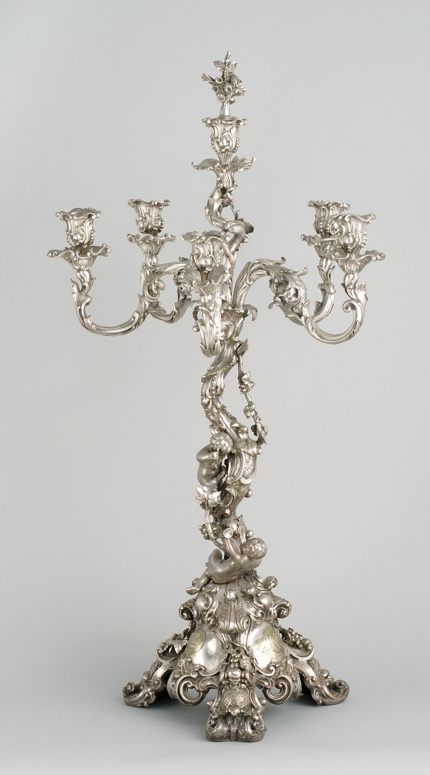 Appraisal: ELABORATE SILVER PLATED SIX-SOCLE CANDELABRUM th CenturyWith tripod base and