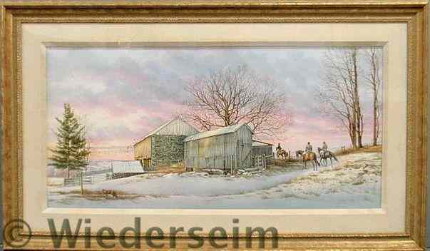 Appraisal: Large watercolor painting of a Pennsylvania winter foxhunt with a