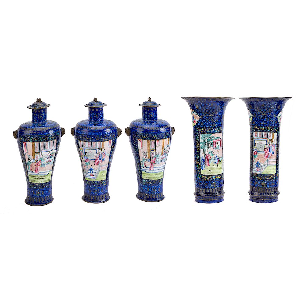 Appraisal: Five-Piece Chinese Canton Enamel Garniture th century comprising three covered