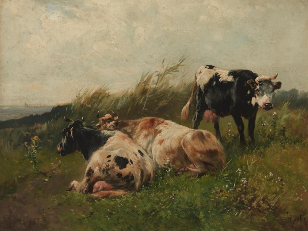 Appraisal: HENRY SCHOUTEN - THREE GRAZING COWS OIL ON CANVAS H