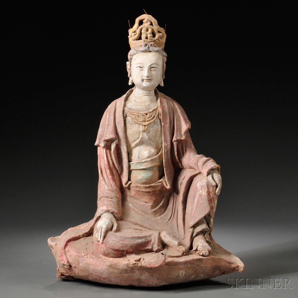 Appraisal: Papier-mache Figure of Guanyin China seated on a rock with