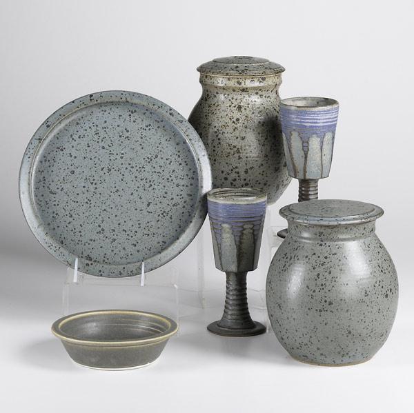 Appraisal: VAL CUSHING Six stoneware pieces two covered jars two goblets