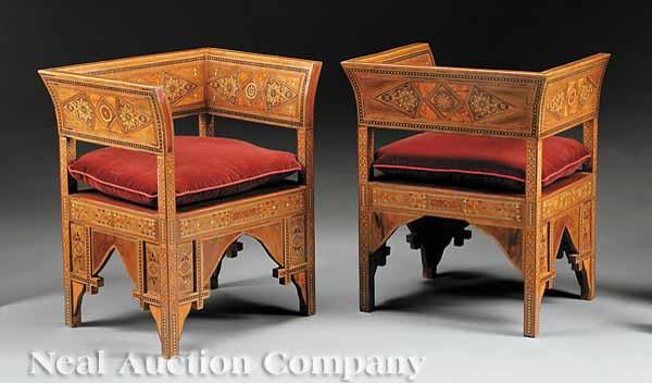 Appraisal: A Pair of Moorish Carved and Inlaid Throne Chairs the