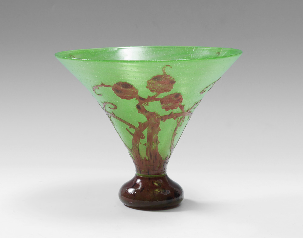 Appraisal: FRENCH BLACKBERRY CAMEO GLASS VASE Flared green glass body with