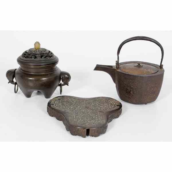 Appraisal: Chinese Bronze Teapot and Censor Chinese A bronze lidded teapot