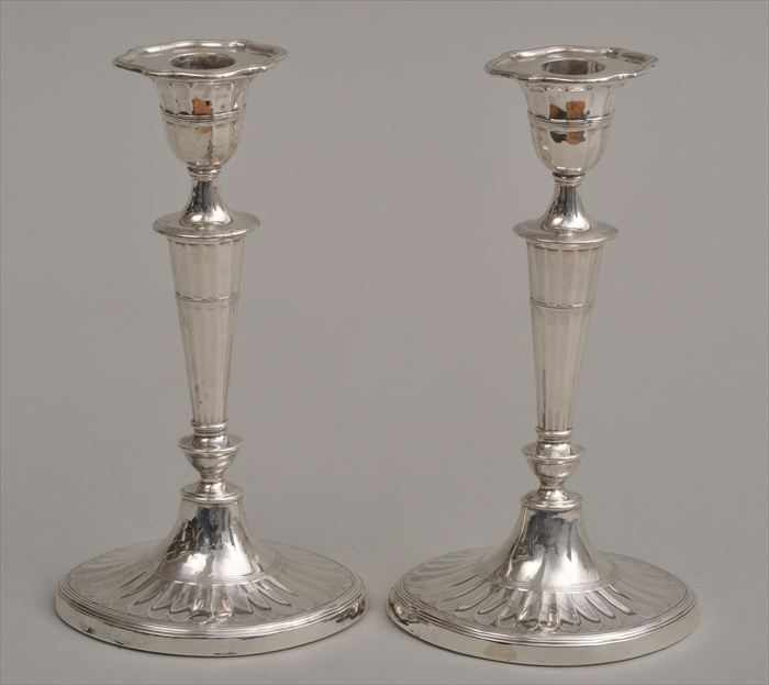 Appraisal: PAIR OF ENGLISH SILVER-WEIGHTED CANDLESTICKS Marks H E in script